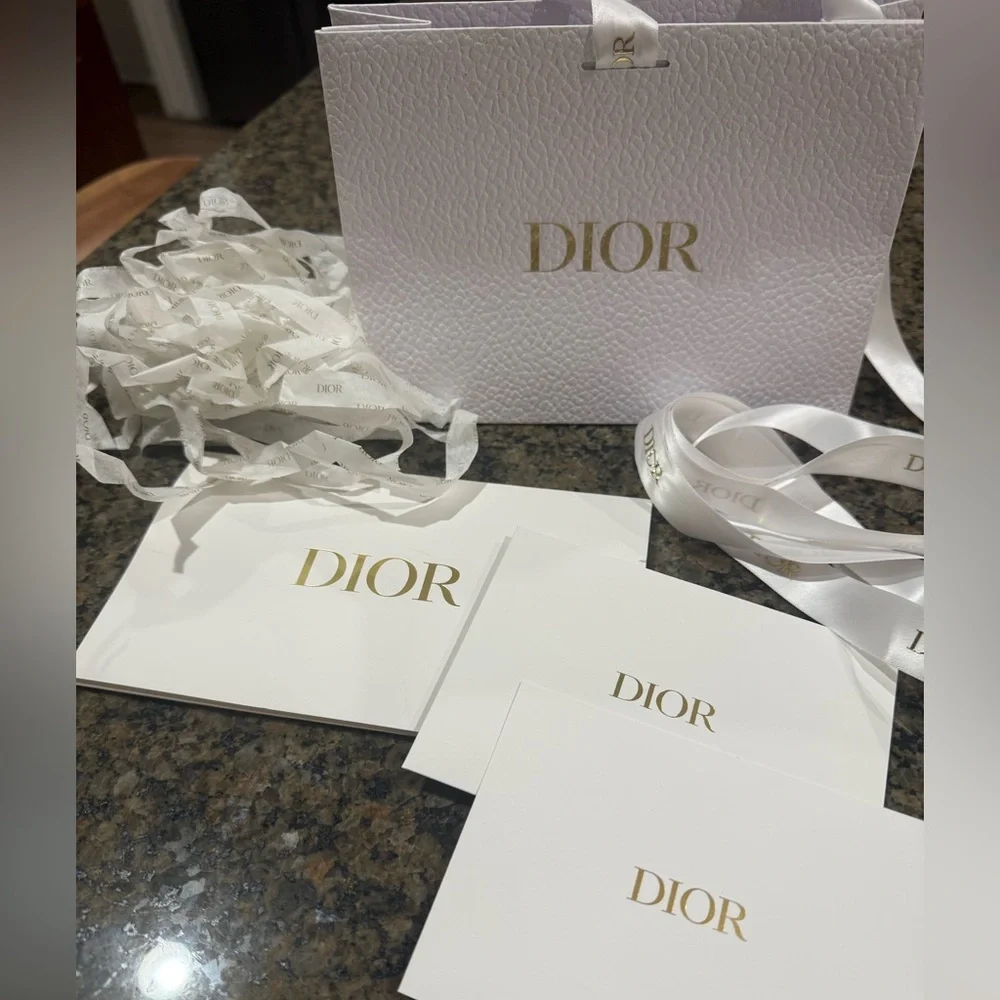 NEW. Authentic DIOR gift wrap set: bag, ribbon, tissue paper, cards + envelope
